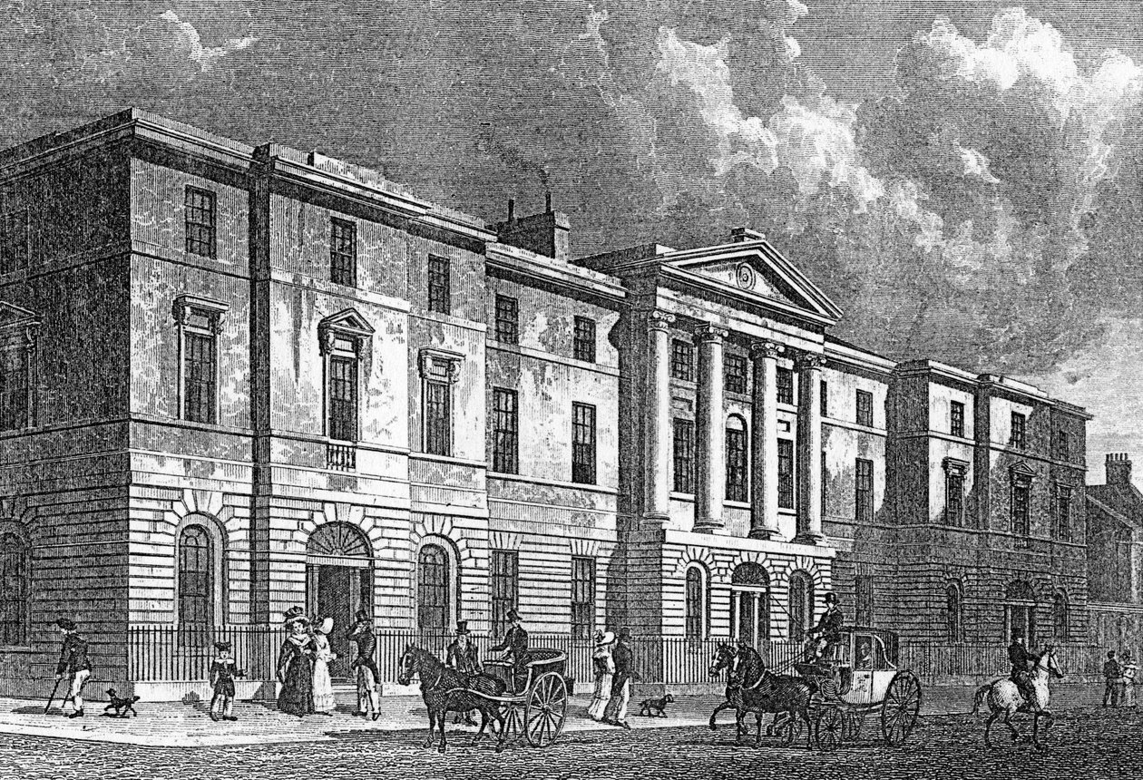 Exchange Buildings, Leith, kaiverrus T. Higham, 1830 tekijältä Thomas Hosmer Shepherd