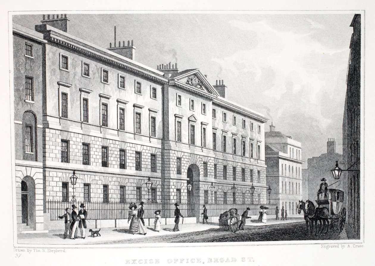Valmistevirasto, Broad Street, "Lontoo ja sen ympäristö 1900-luvulla" -pubista. Jones und Co., 1827-1829 tekijältä Thomas Hosmer Shepherd