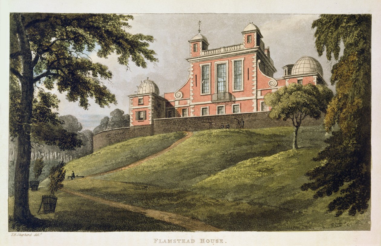 Flamstead House, Ackermannin "Repository of Arts" -teoksesta, julkaistu noin vuonna 1826. tekijältä Thomas Hosmer Shepherd
