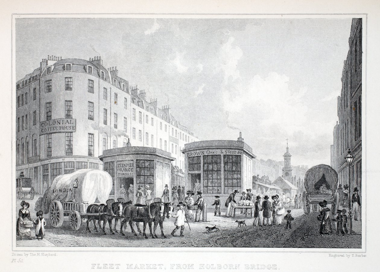 Fleet Street, Holborn Bridgestä, "Lontoo ja sen ympäristö 1800-luvulla" -pubista. Jones und Co., 1827-1829 tekijältä Thomas Hosmer Shepherd