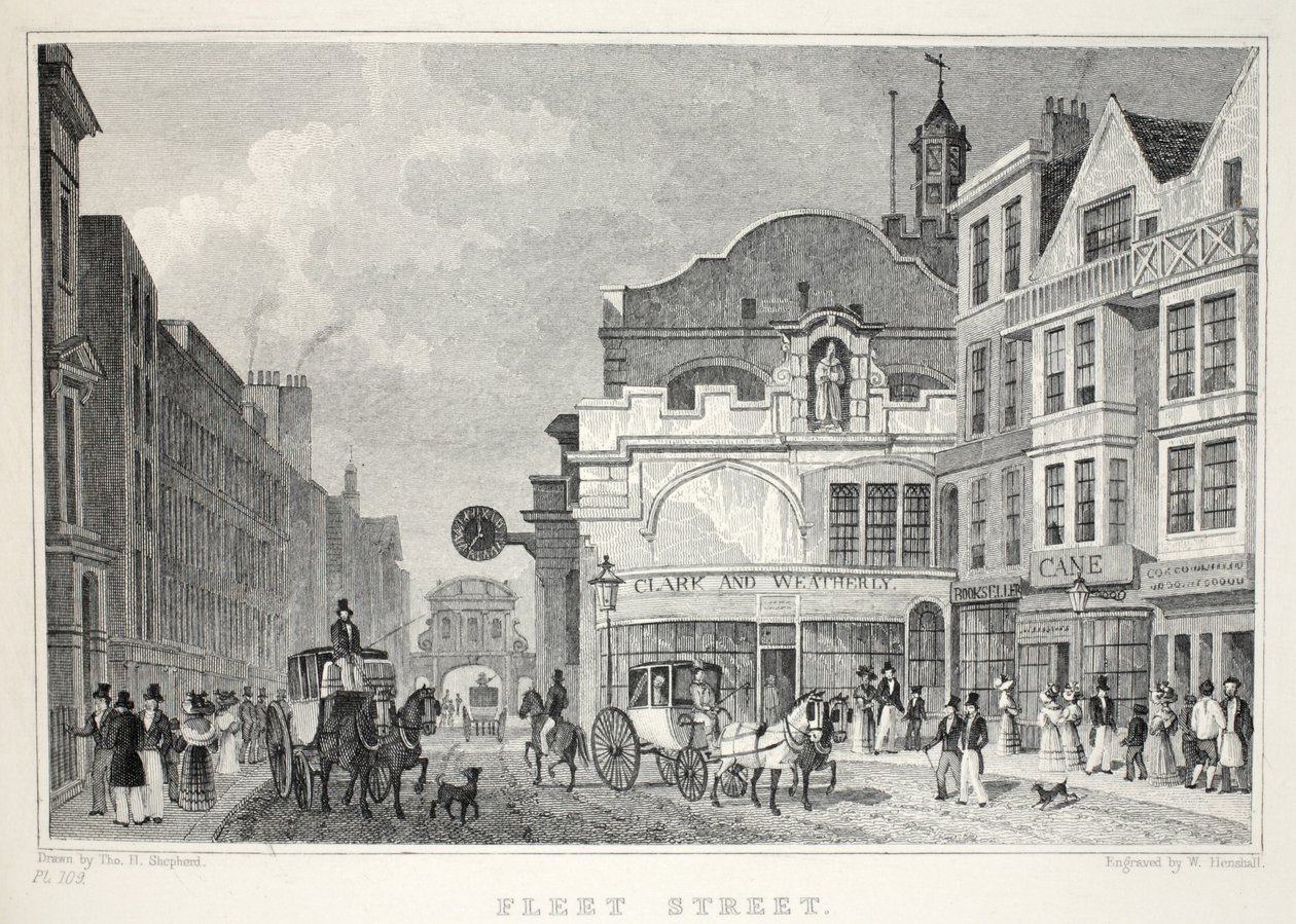 Fleet Street, "Lontoo ja sen ympäristö 1800-luvulla" -pubista. Jones und Co., 1827-1829 tekijältä Thomas Hosmer Shepherd