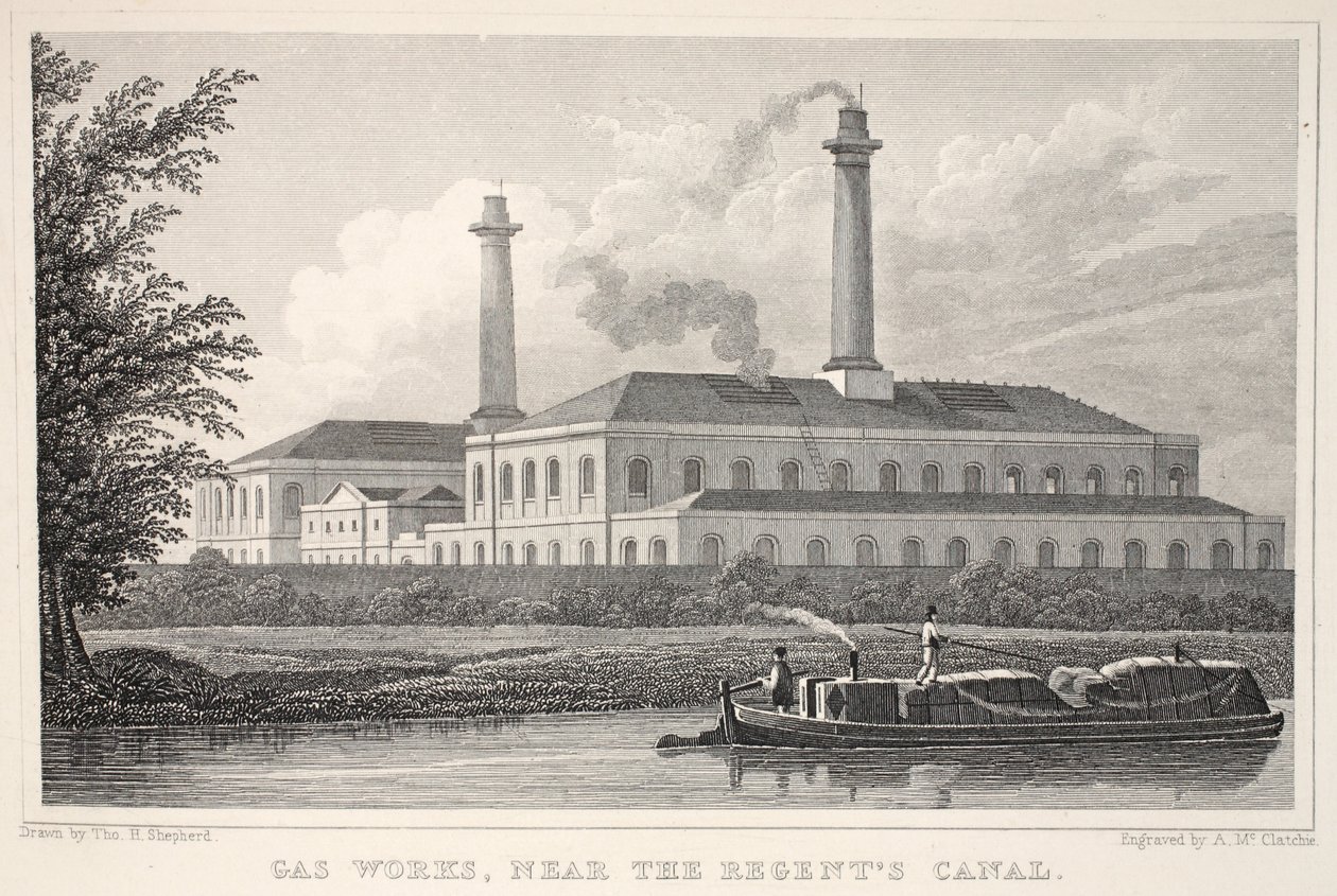 Gas Works, lähellä Regents-kanavaa, "Lontoo ja sen ympäristö 1800-luvulla" -pubista. Jones und Co., 1827-1829 tekijältä Thomas Hosmer Shepherd