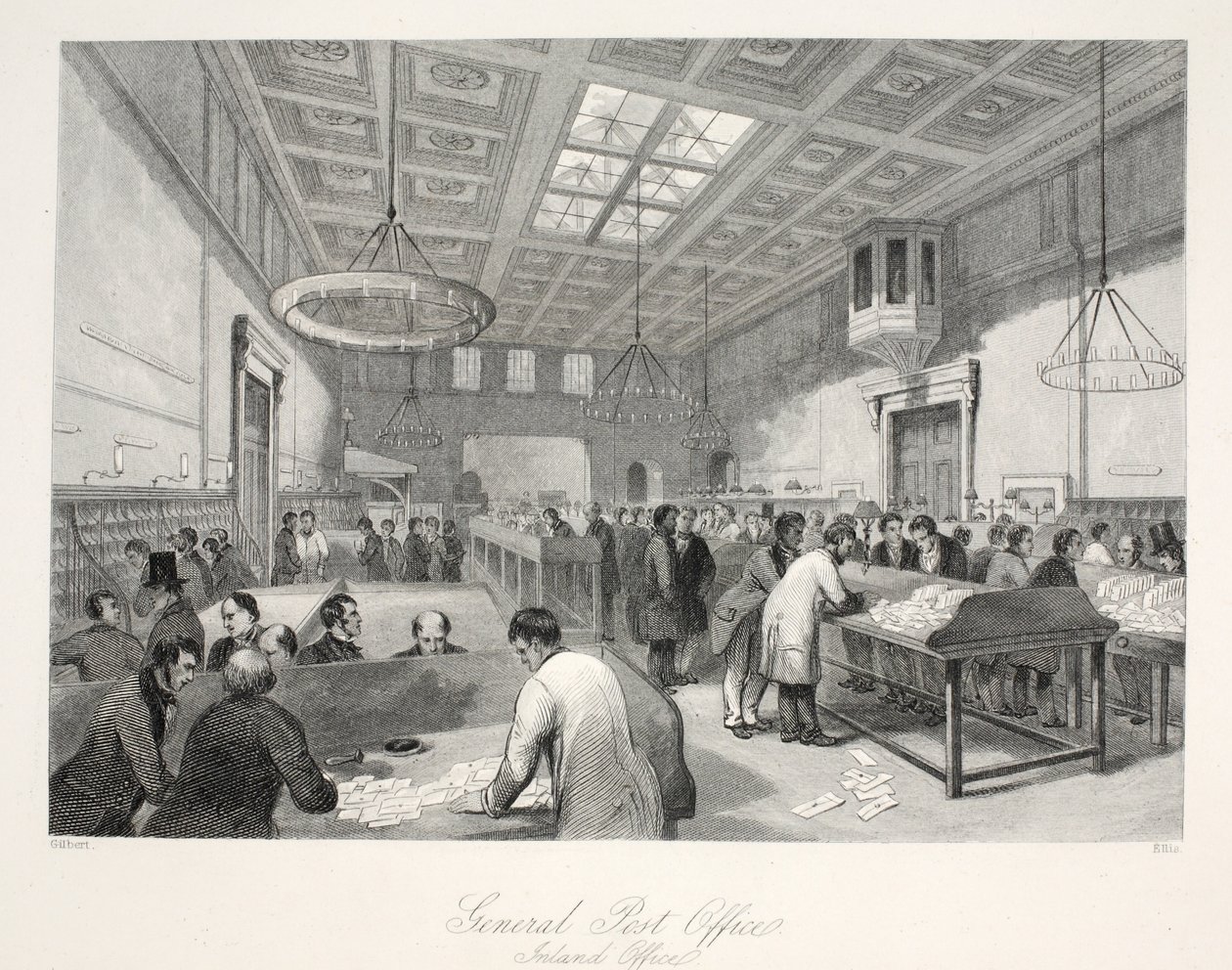General Post Office, Inland Office, pubista "London Interiors heidän puvuineen ja seremoniaineen". Joseph Mead, Lontoo, n.1843 (teräskaiverrus) tekijältä Thomas Hosmer Shepherd