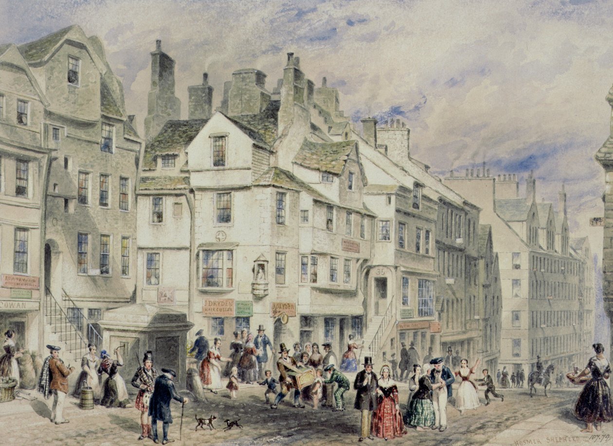 High Street, Edinburgh, jossa näkyy John Knoxs House, 1800-luku tekijältä Thomas Hosmer Shepherd