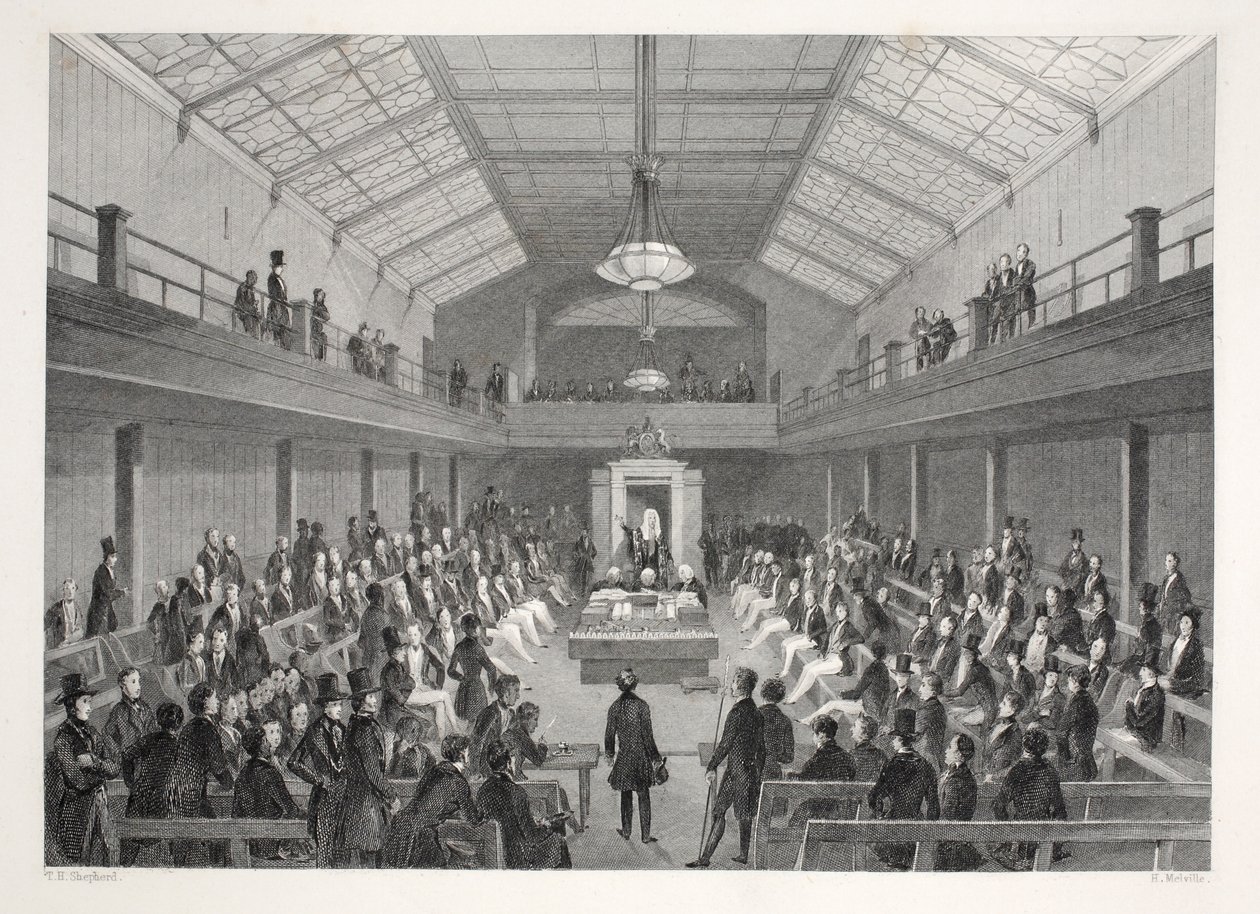 House of Commons, "London Interiors with their Costumes and Ceremonies" -pubista. Joseph Mead, Lontoo, n.1843 (teräskaiverrus) tekijältä Thomas Hosmer Shepherd