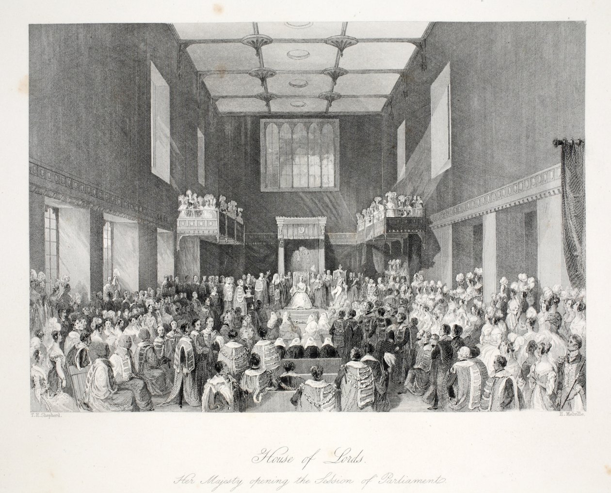 House of Lords, "London Interiors with their Costumes and Ceremonies" -pubista. Joseph Mead, Lontoo, n.1843 (teräskaiverrus) tekijältä Thomas Hosmer Shepherd