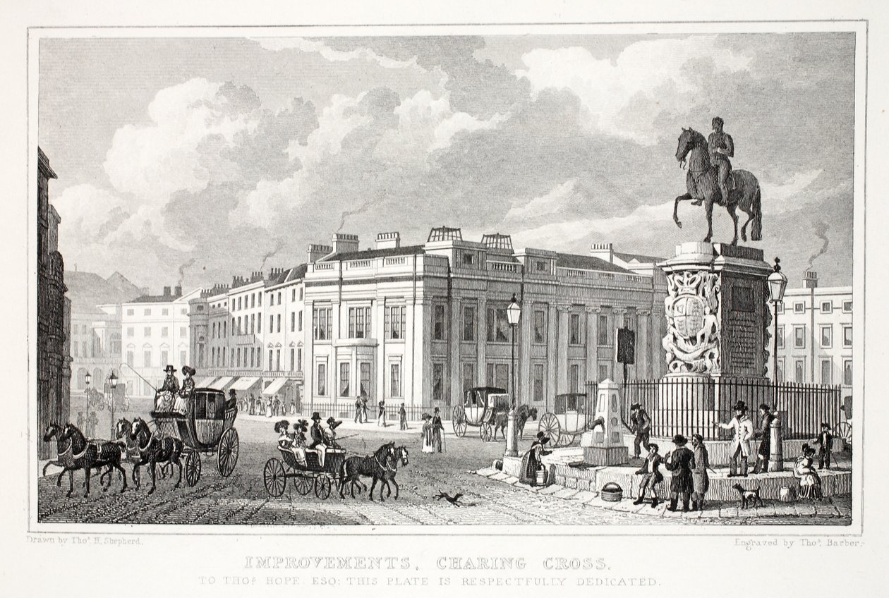 Parannuksia, Charing Cross, "London ja sen ympäristö 1900-luvulla" -pubista. Jones und Co., 1827-1829 tekijältä Thomas Hosmer Shepherd