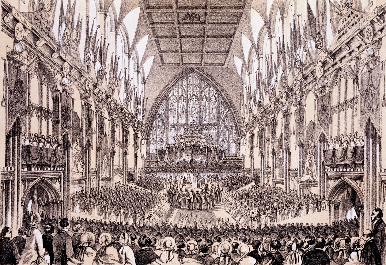 Guildsalin sisätilat - Lord Mayor ja Corporation pitävät puheensa Ranskan keisarille ja keisarinnalle, 19. huhtikuuta 1855 tekijältä Thomas Hosmer Shepherd