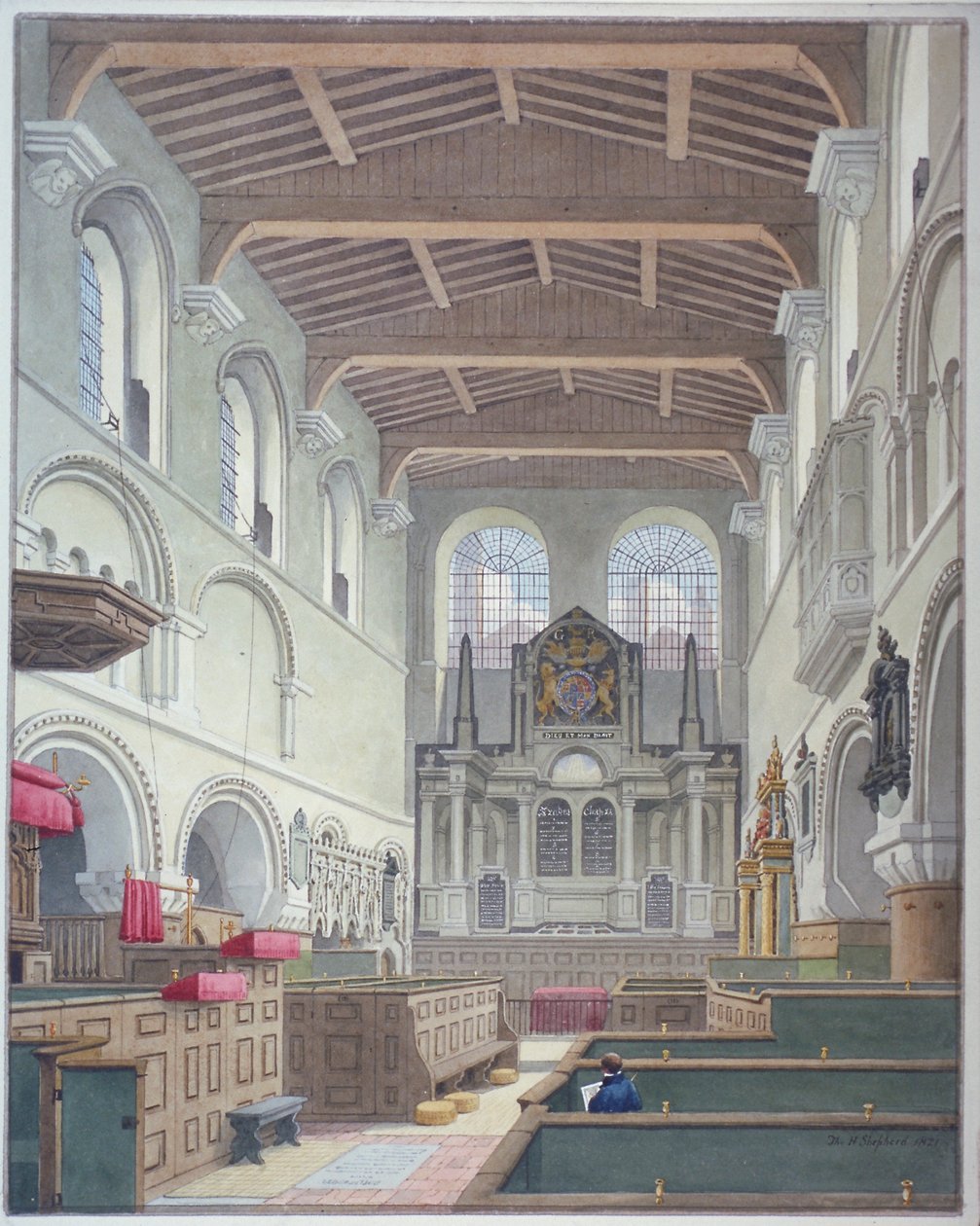 Sisäkuva St Bartholomew-the-Greatin kirkosta, Smithfield, Lontoon kaupunki, 1821. tekijältä Thomas Hosmer Shepherd