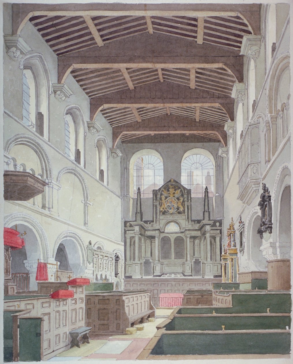 Sisäkuva St Bartholomew-the-Greatin kirkosta, Smithfield, Lontoon kaupunki, 1821. tekijältä Thomas Hosmer Shepherd