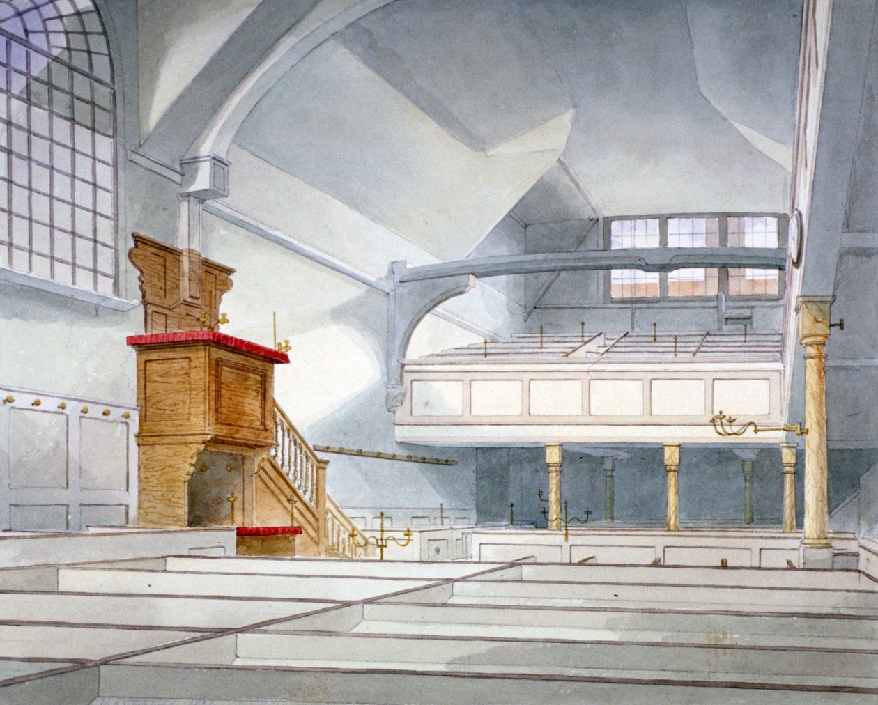 Sisäkuva St Bartholomew-the-Greatin kirkosta, Smithfield, Lontoon kaupunki, 1821 tekijältä Thomas Hosmer Shepherd