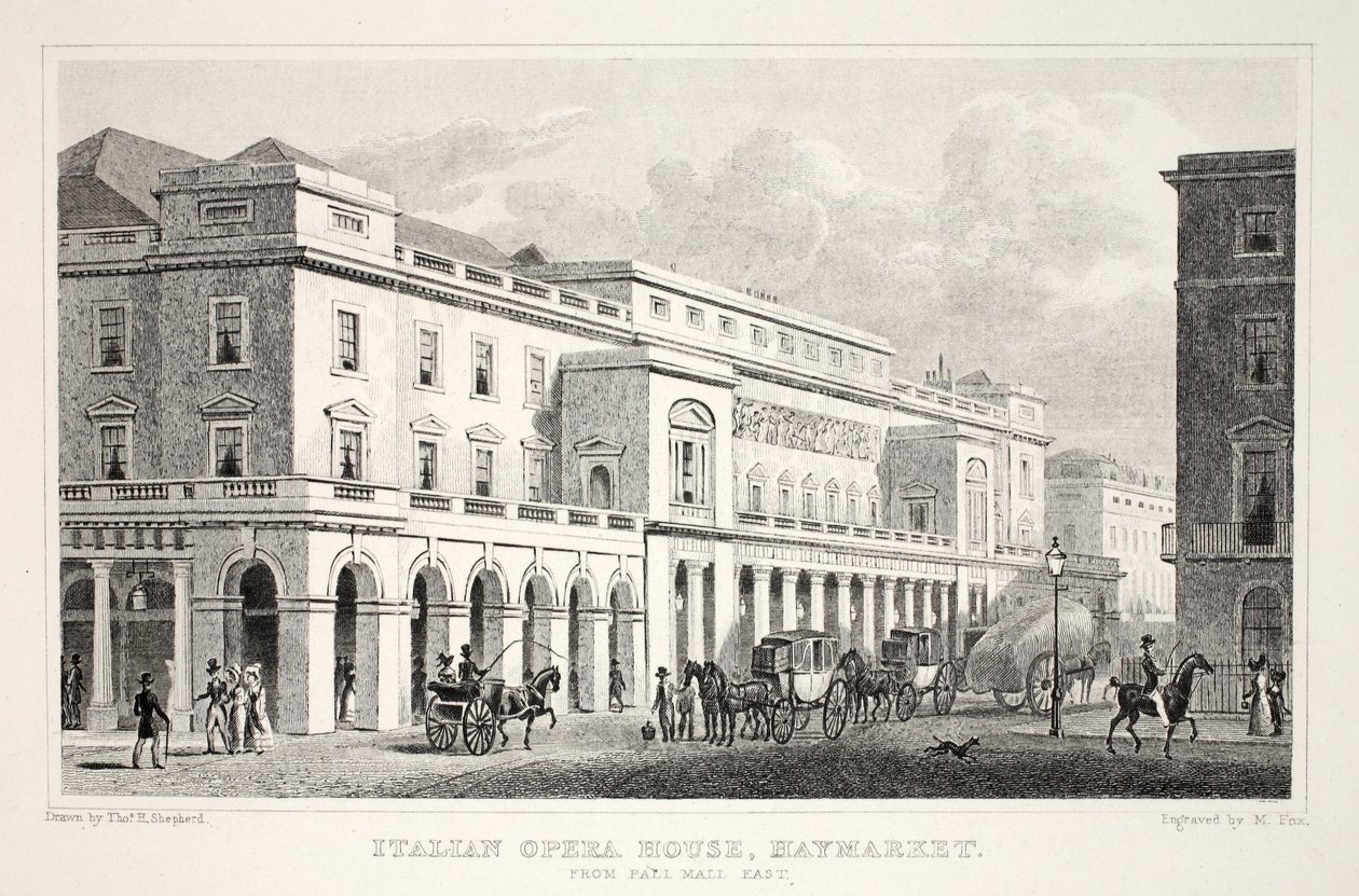 Italian oopperatalo, Haymarket, "Lontoo ja sen ympäristö 1800-luvulla" -pubista. Jones und Co., 1827-1829 tekijältä Thomas Hosmer Shepherd