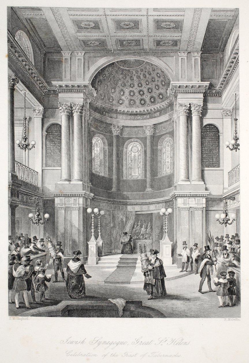 Juutalainen synagoga, Great St Helens, "London Interiors with their Costumes and Ceremonies" -pubista. Joseph Mead, Lontoo, n.1843 (teräskaiverrus) tekijältä Thomas Hosmer Shepherd
