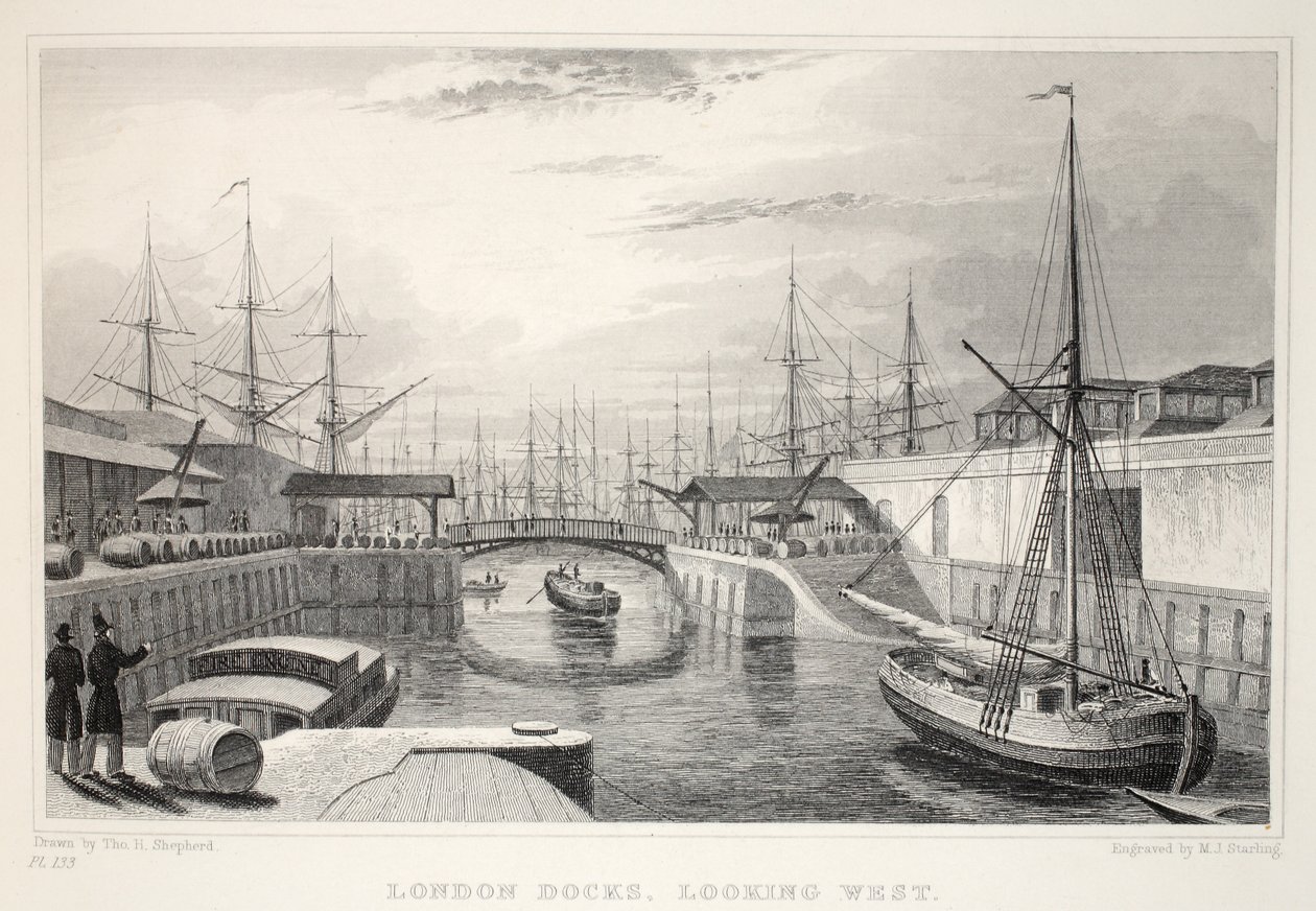 London Docks, joka näyttää länteen, pubista "Lontoo and it