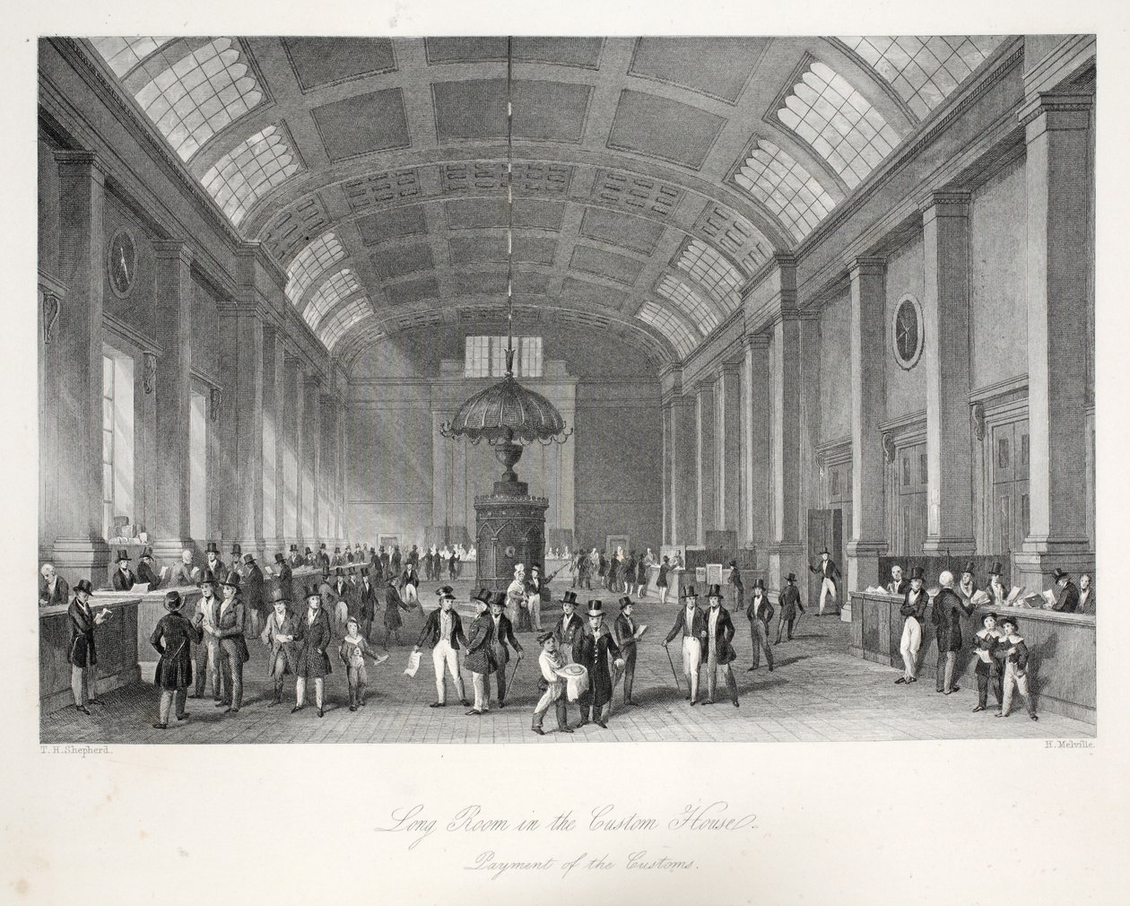 Long Room in Custom-House, "London Interiors heidän puvuineen ja seremonioineen" -pubista. Joseph Mead, Lontoo, n. 1843 (teräskaiverrus) tekijältä Thomas Hosmer Shepherd