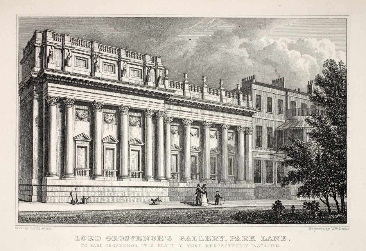 Lord Grosevenorin galleria, Park Lane, "Lontoo ja sen ympäristö 1800-luvulla" -pubista. Jones und Co., 1827-1829 tekijältä Thomas Hosmer Shepherd