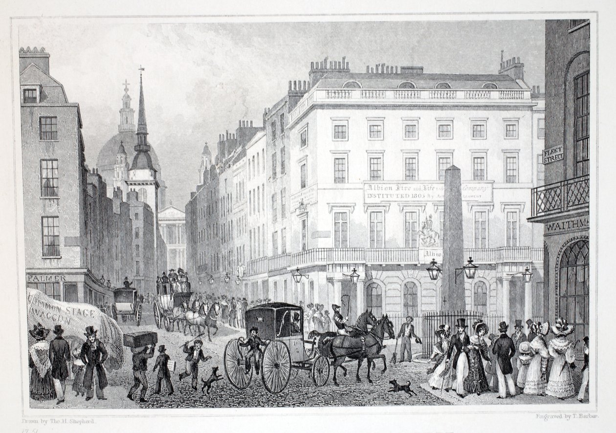 Ludgate Hill, Fleet Streetiltä, "Lontoo ja sen ympäristö 1800-luvulla" -pubista. Jones und Co., 1827-1829 tekijältä Thomas Hosmer Shepherd