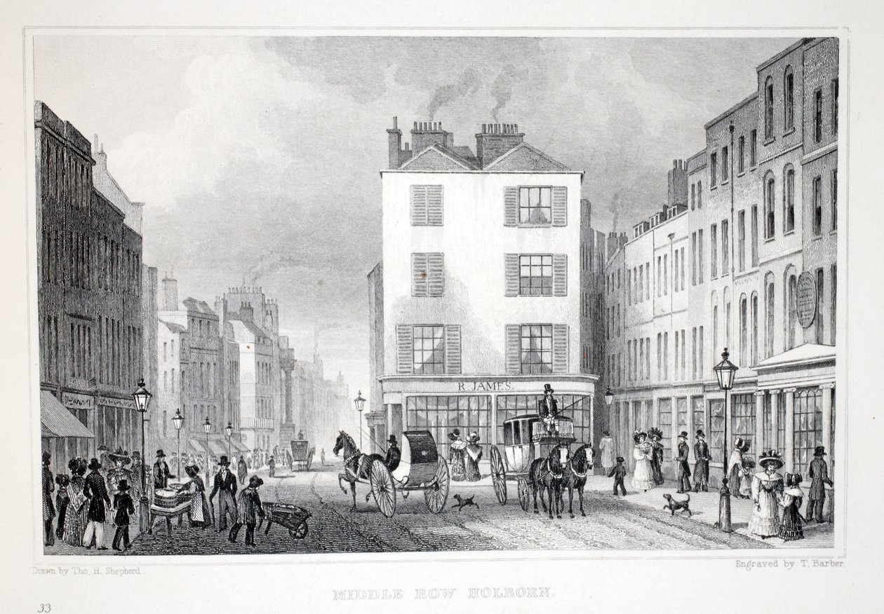 Middle Row, Holborn, "London ja sen ympäristö 1900-luvulla" -pubista. Jones und Co., 1827-1829 tekijältä Thomas Hosmer Shepherd