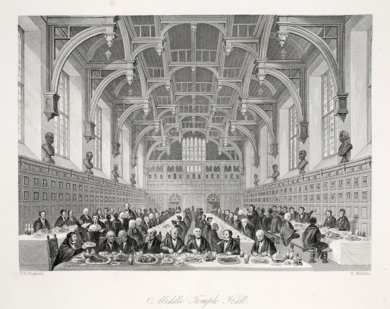Middle Temple Hall, "London Interiors with their Costumes and Ceremonies" -pubista. Joseph Mead, Lontoo, n.1843 (teräskaiverrus) tekijältä Thomas Hosmer Shepherd