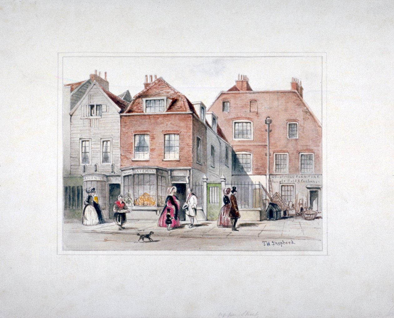 Mr Upcottin talo ja hahmot Upper Streetillä, Islington, Lontoo, 1835. tekijältä Thomas Hosmer Shepherd
