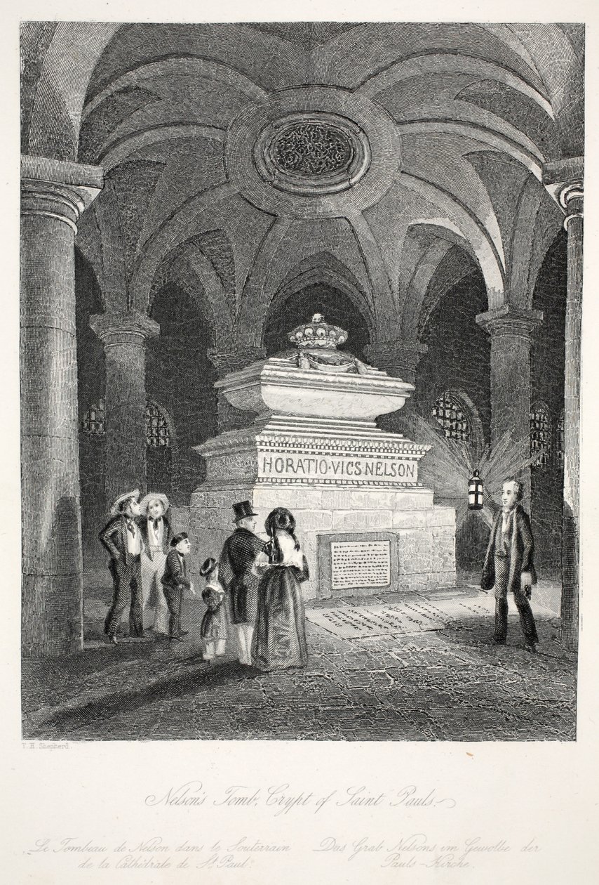 Nelsonin hauta St Paulin kryptassa, pubista "London Interiors with their Costumes and Ceremonies". Joseph Mead, Lontoo, n.1843 (teräskaiverrus) tekijältä Thomas Hosmer Shepherd