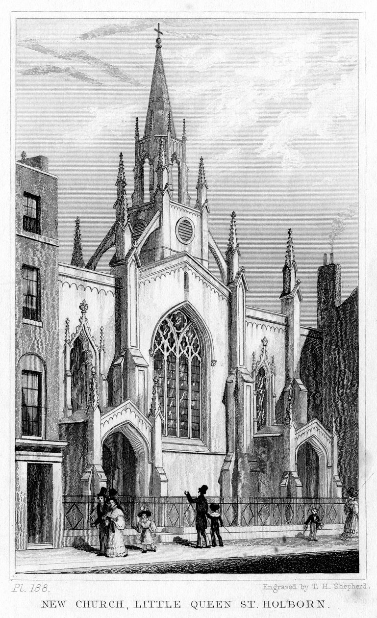 Uusi kirkko, Little Queen Street, Holborn, Lontoo, 1800-luku. tekijältä Thomas Hosmer Shepherd