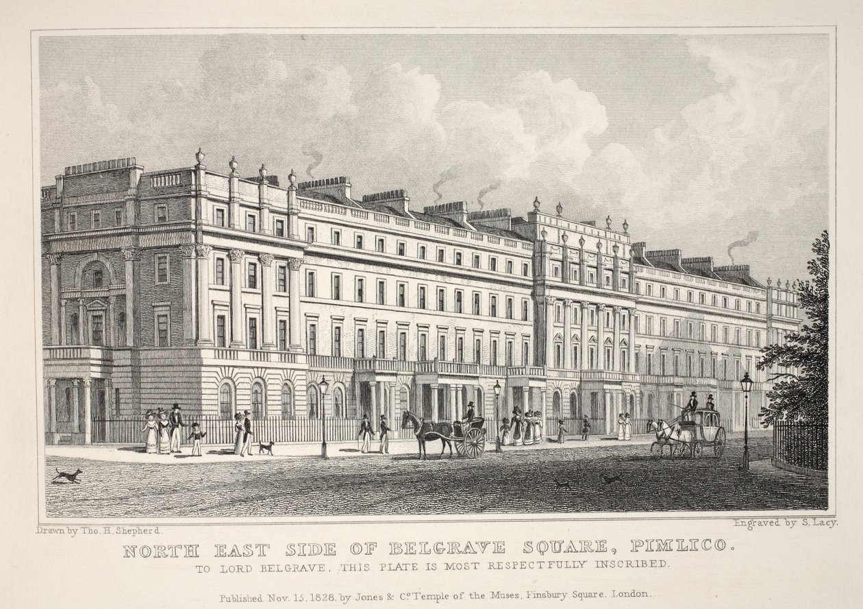 Belgrave Squaren koillispuoli, Pimlico, "Lontoo ja sen ympäristö 1800-luvulla" -pubista. Jones und Co., 1827-1829 tekijältä Thomas Hosmer Shepherd