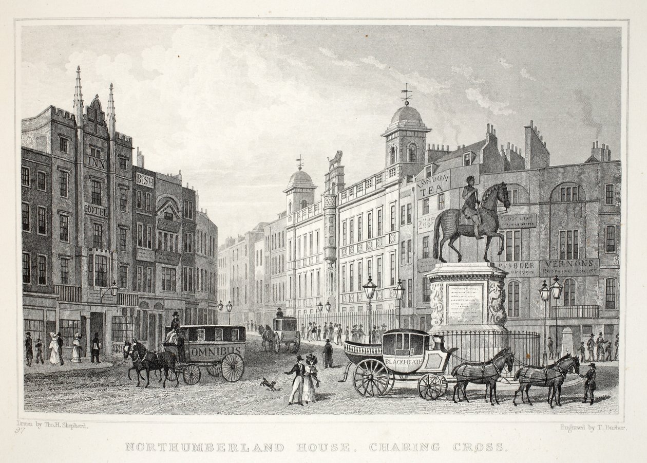 Northumberland House, Strand, "Lontoo ja sen ympäristö 1800-luvulla" -pubista. Jones und Co., 1827-1829 tekijältä Thomas Hosmer Shepherd