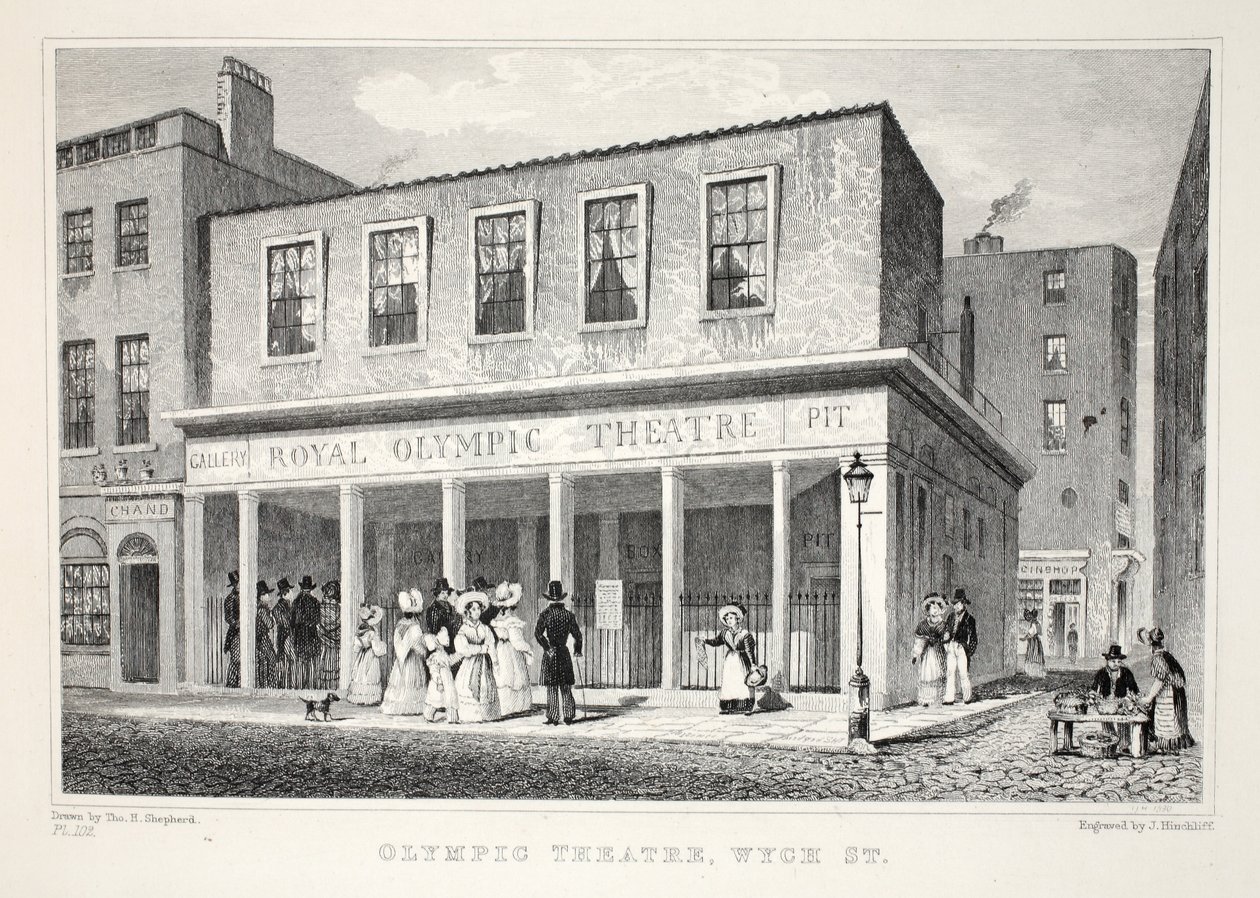 Olympiateatteri, Wyck Street, "Lontoo ja sen ympäristö 1800-luvulla" -pubista. Jones und Co., 1827-1829 tekijältä Thomas Hosmer Shepherd