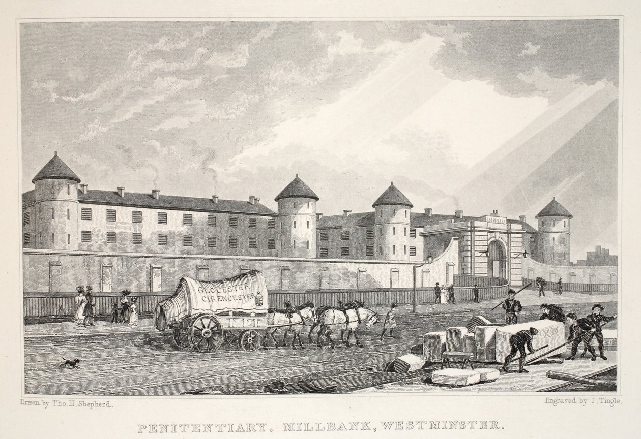 Penitentiary, Millbank, Westminster, "Lontoo ja sen ympäristö 1800-luvulla" -pubista. Jones und Co., 1827-1829 tekijältä Thomas Hosmer Shepherd