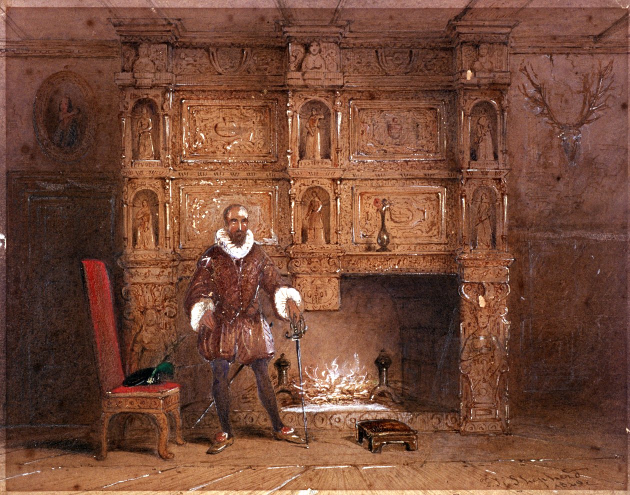Mahdollisesti Sir John Spencer Canonbury Housessa tai Sir Walter Raleigh Old Pied Bull Innissä, 1849 tekijältä Thomas Hosmer Shepherd