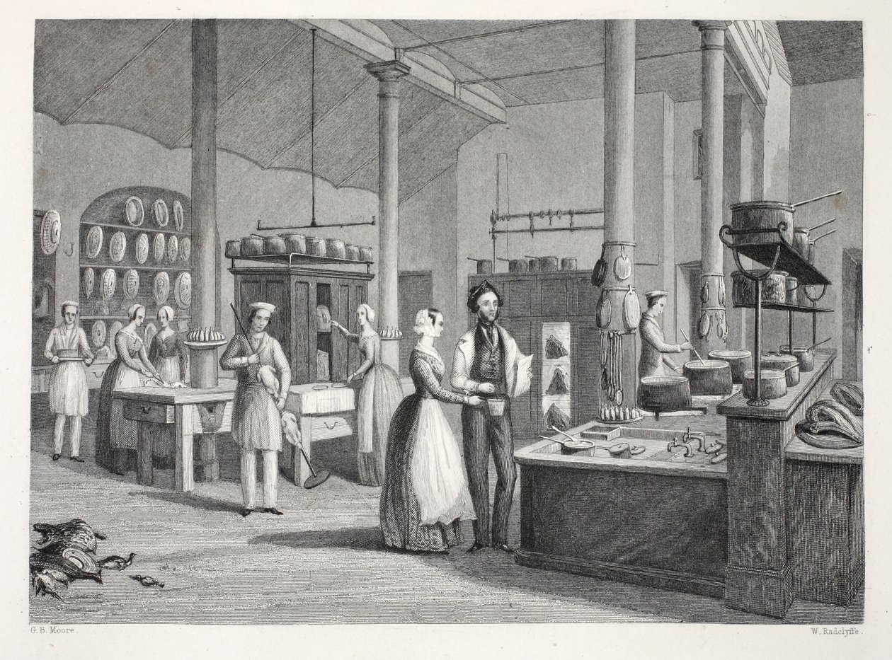Reform Club - keittiö, "London Interiors with their Costumes and Ceremonies" -pubista. Joseph Mead, Lontoo, n.1843 (teräskaiverrus) tekijältä Thomas Hosmer Shepherd