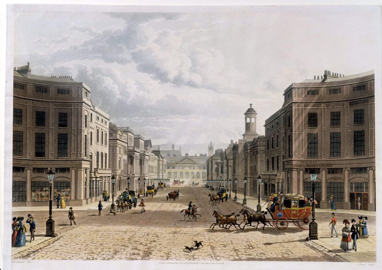 Regent Street, Piccadillysta, kaiverrus J. Bluck (fl.1791-1831), pub. 1822, Ackermannin "Taidevarasto" (akvatinta) tekijältä Thomas Hosmer Shepherd