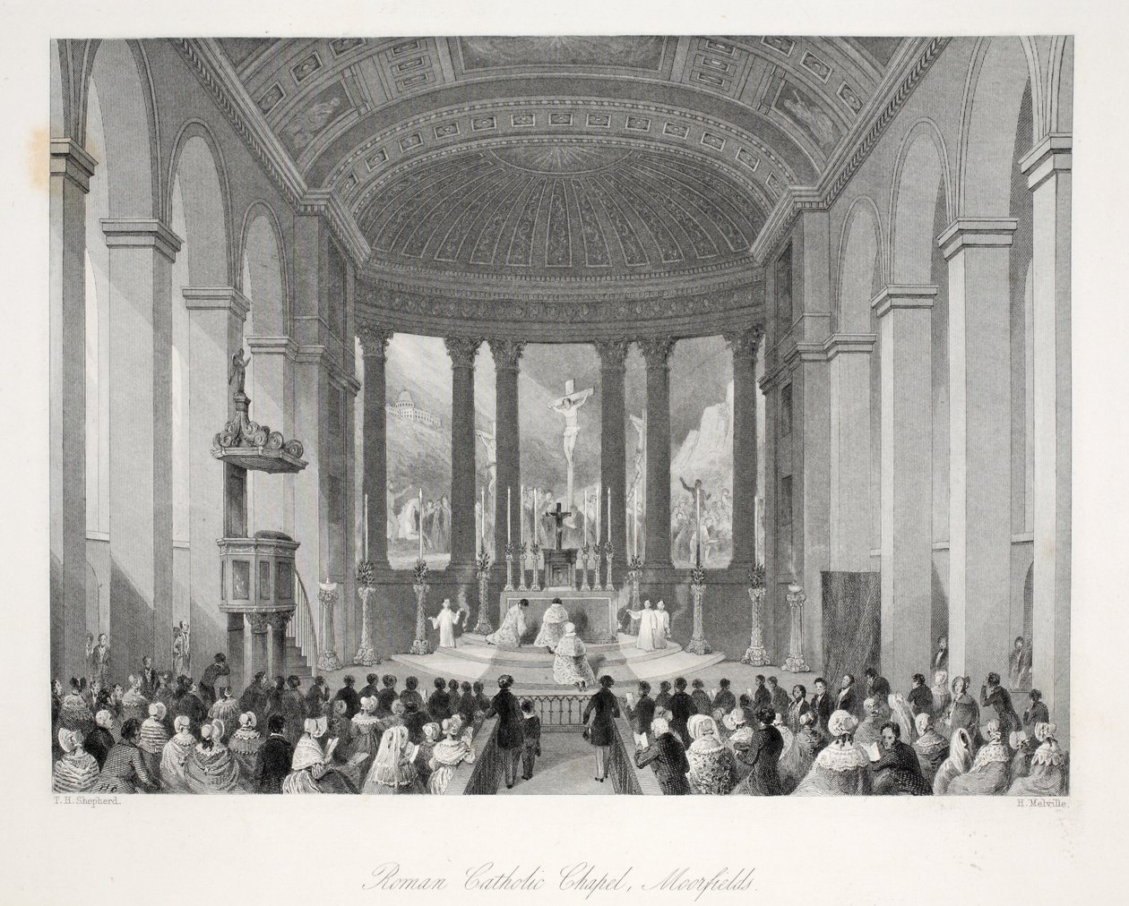 Roomalaiskatolinen kappeli, Moorfields, "London Interiors heidän pukuineen ja seremoniaineen" -pubista. Joseph Mead, Lontoo, n.1843 (teräskaiverrus) tekijältä Thomas Hosmer Shepherd