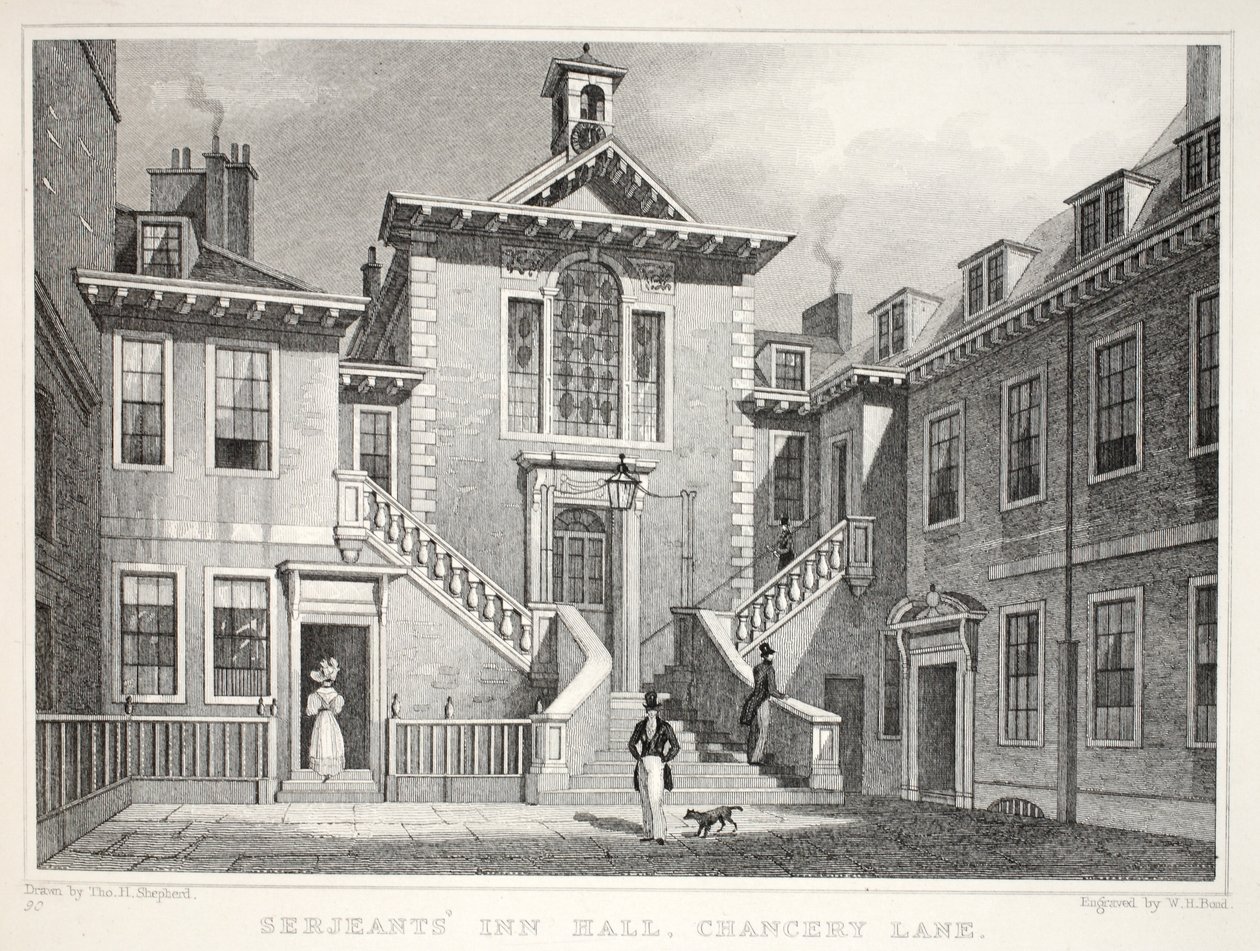 Serjeants Inn, Chancery Lane, "Lontoo ja sen ympäristö 1800-luvulla" -pubista. Jones und Co., 1827-1829 tekijältä Thomas Hosmer Shepherd