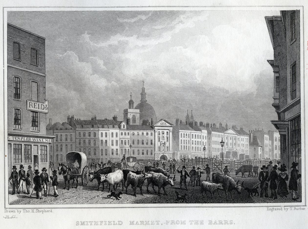 Smithfield Market Barrsista, kaiverrus Thomas Barber, n. 1830 tekijältä Thomas Hosmer Shepherd