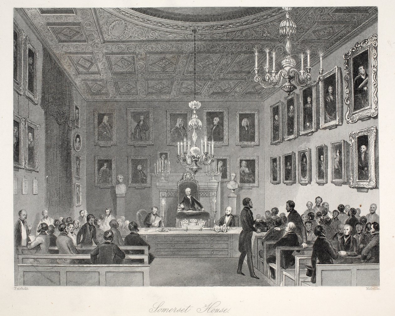 Somerset House, "London Interiors with their Costumes and Ceremonies" -pubista. Joseph Mead, Lontoo, n.1843 (teräskaiverrus) tekijältä Thomas Hosmer Shepherd
