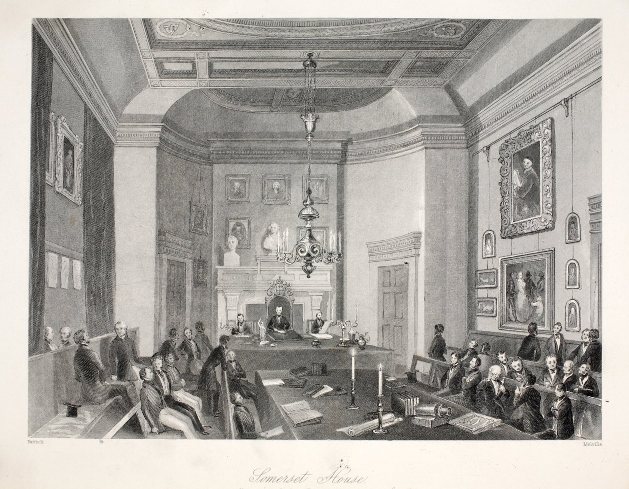 Somerset House, "London Interiors with their Costumes and Ceremonies" -pubista. Joseph Mead, Lontoo, n.1843 (teräskaiverrus) tekijältä Thomas Hosmer Shepherd