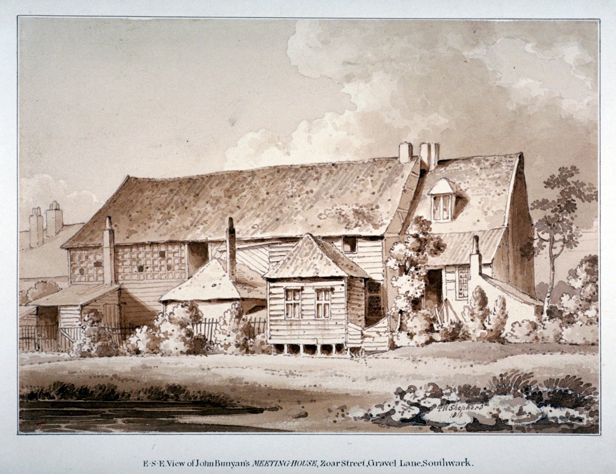 Kaakkoisnäkymä John Bunyanin kokoushuoneesta, Zoar Street, Southwark, Lontoo, 1813 tekijältä Thomas Hosmer Shepherd