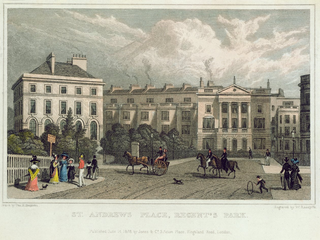 St. Andrews Place, Regents Park, 1828 (värikaiverrus) tekijältä Thomas Hosmer Shepherd