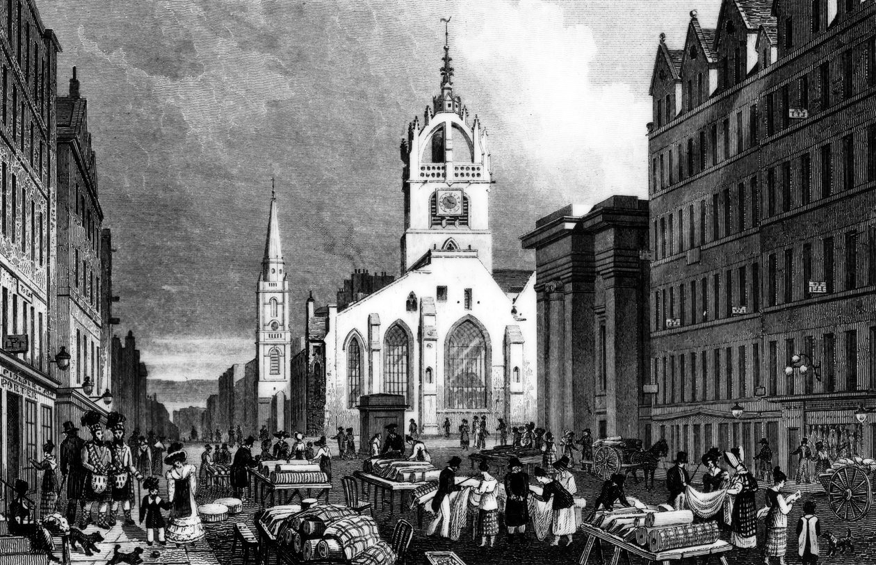 St. Giles Church, County Hall ja Lawn Market, Edinburgh, kaiverrus William Tombleson, n. 1830 (kaiverrus) tekijältä Thomas Hosmer Shepherd