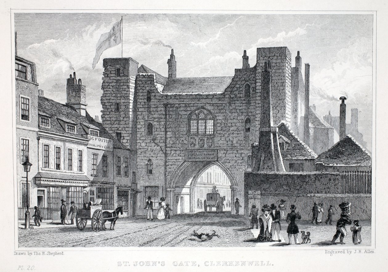 St Johns Gate, Clerkenwell, "Lontoo ja sen ympäristö 1800-luvulla" -pubista. Jones und Co., 1827-1829 tekijältä Thomas Hosmer Shepherd