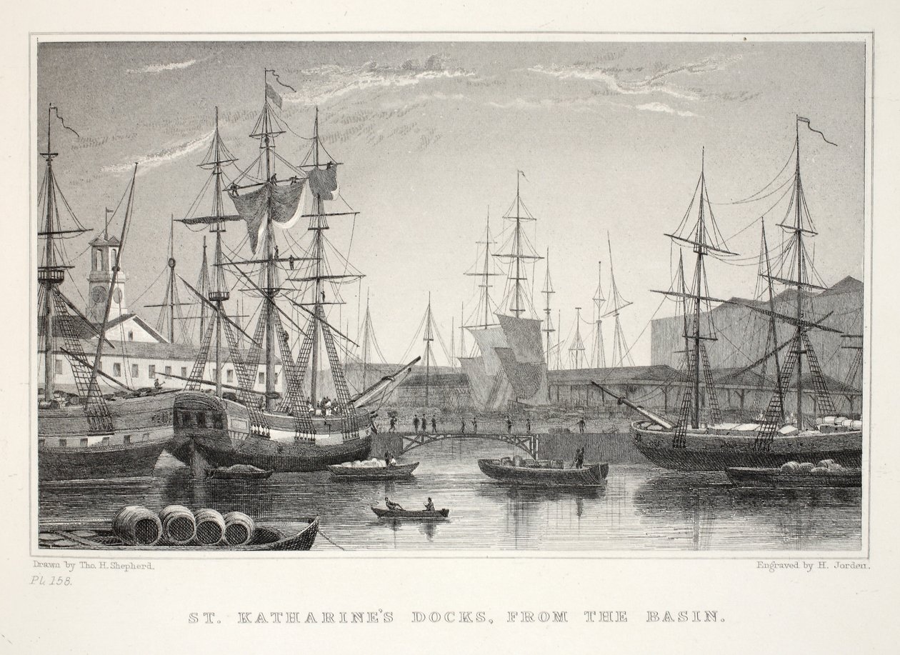 St Katherine Docks, Basinista, Tower, Lontoosta ja sen ympäristö 1800-luvun pubissa. Jones und Co., 1827-1829 tekijältä Thomas Hosmer Shepherd