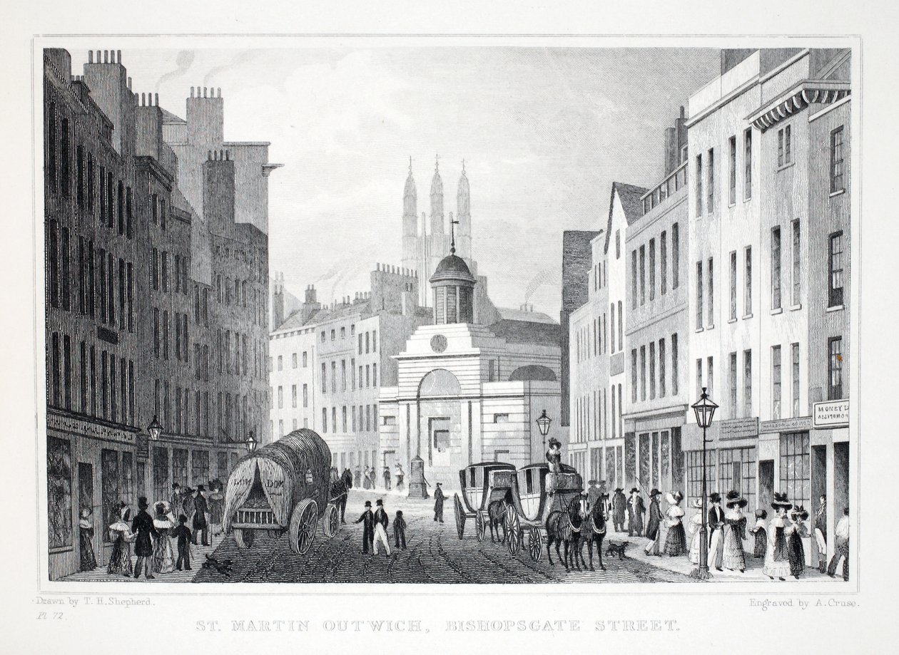 St Martin Outwich, Bishopsgate Street, Lontoosta ja sen Environs in the Nineteenth Century -pub. Jones und Co., 1827-1829 tekijältä Thomas Hosmer Shepherd