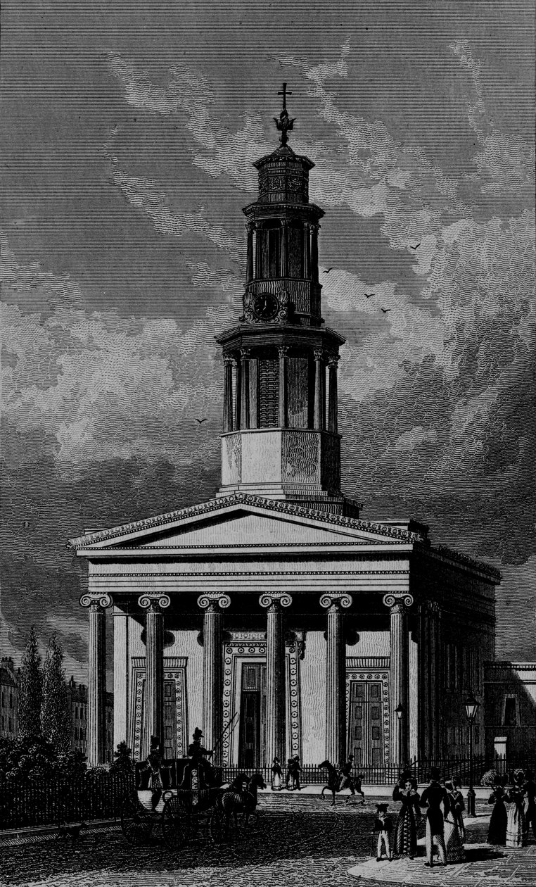 Pyhän Pancrassin kirkko, länsirintama, kaiverrettu James Tinglen toimesta 1827 tekijältä Thomas Hosmer Shepherd