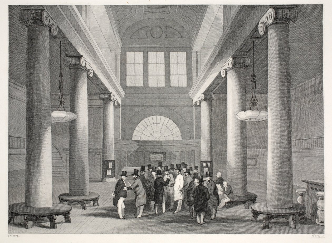 Pörssi, "London Interiors with their Costumes and Ceremonies" -pubista. Joseph Mead, Lontoo, n.1843 (teräskaiverrus) tekijältä Thomas Hosmer Shepherd