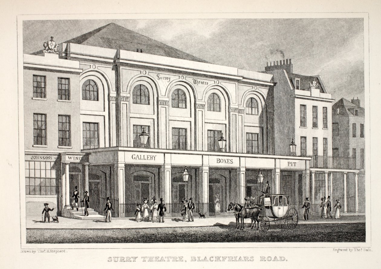 Surry Theatre, Blackfriars Road, "London ja sen ympäristö 1900-luvulla" -pubista. Jones und Co., 1827-1829 tekijältä Thomas Hosmer Shepherd