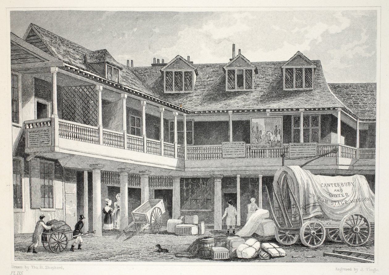 Talbot Inn, Southwark, "Lontoo ja sen ympäristö 1900-luvulla" -pubista. Jones und Co., 1827-1829 tekijältä Thomas Hosmer Shepherd