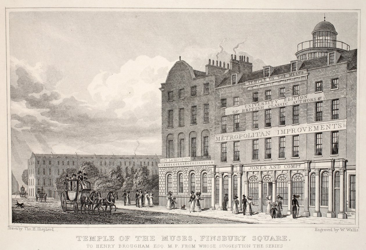 Musesien temppeli, Finsbury Square, "Lontoo ja sen ympäristö 1800-luvulla" -pubista. Jones und Co., 1827-1829 tekijältä Thomas Hosmer Shepherd