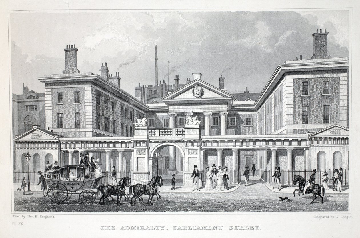 Admiralty, Parliament Street, "Lontoo ja sen ympäristö 1800-luvulla" -pubista. Jones und Co., 1827-1829 tekijältä Thomas Hosmer Shepherd